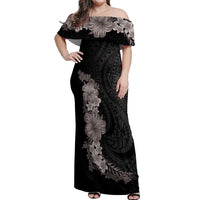 Hawaiian Plumeria and Hibiscus Off Shoulder Maxi Dress Grayscale Mode