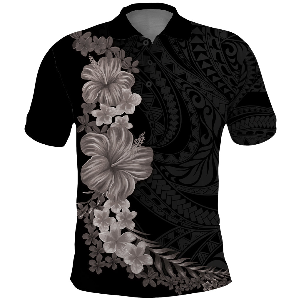 Hawaiian Plumeria and Hibiscus Polo Shirt Grayscale Mode