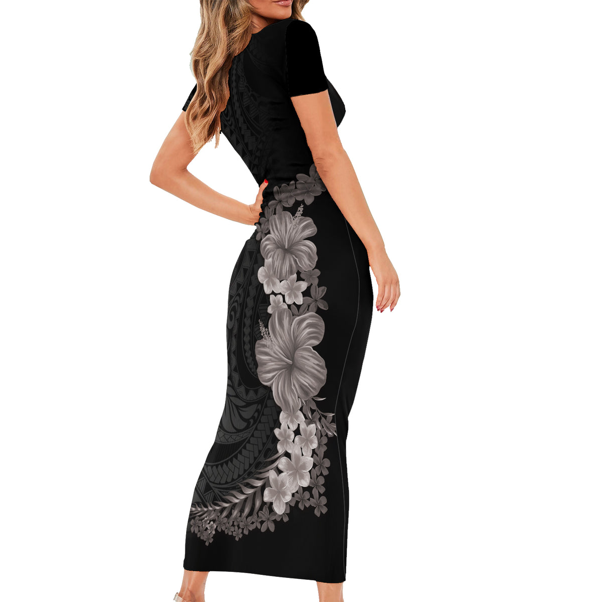 Hawaiian Plumeria and Hibiscus Short Sleeve Bodycon Dress Grayscale Mode