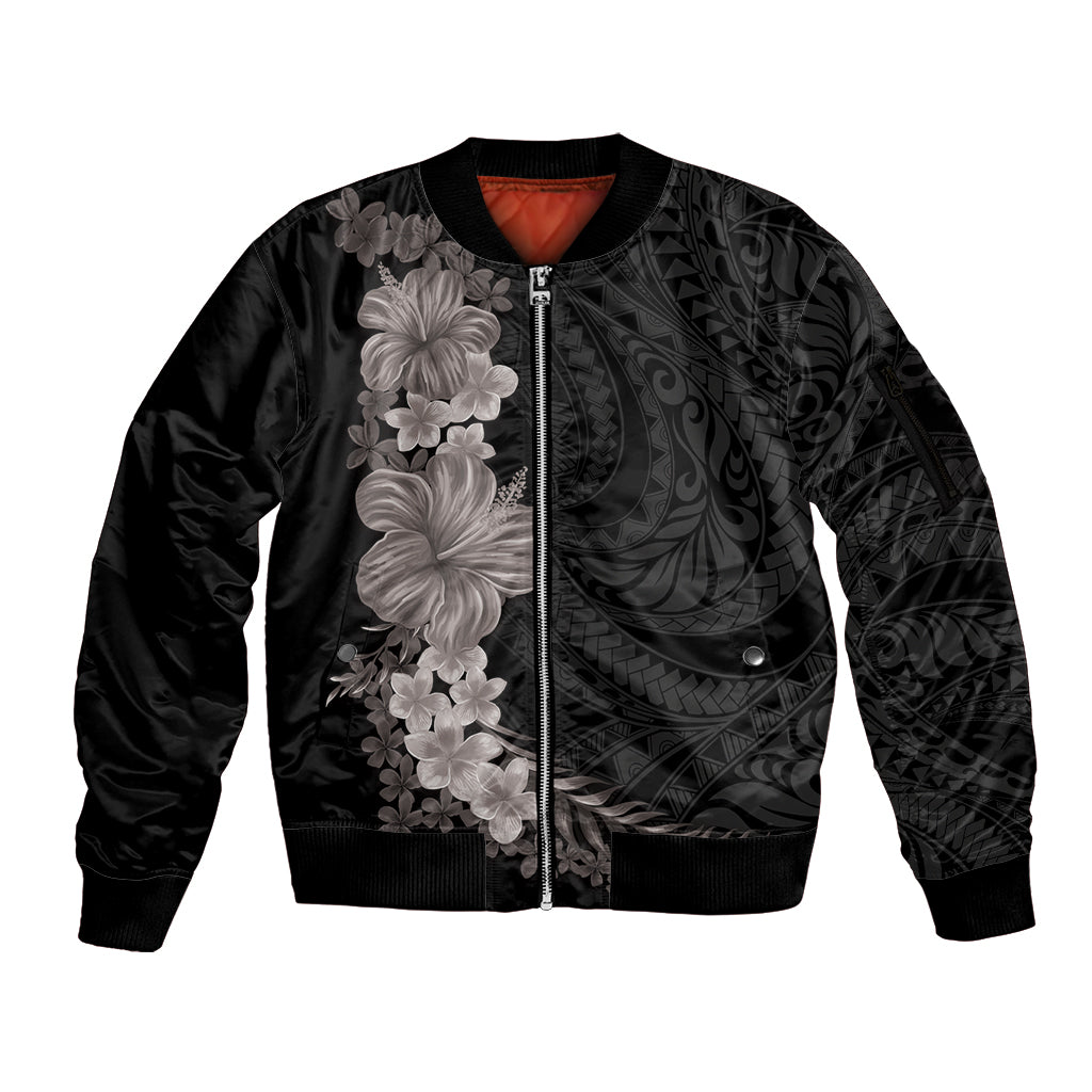 Hawaiian Plumeria and Hibiscus Sleeve Zip Bomber Jacket Grayscale Mode