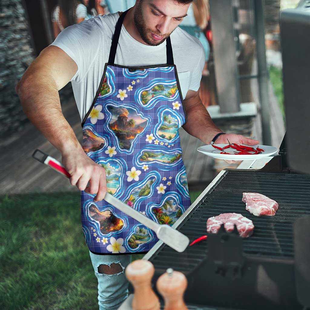 Hawaiian Island Shapes-Iconic Landscape Apron with Plumeria and Palaka Blue Color