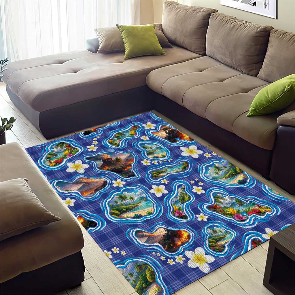 Hawaiian Island Shapes-Iconic Landscape Area Rug with Plumeria and Palaka Blue Color
