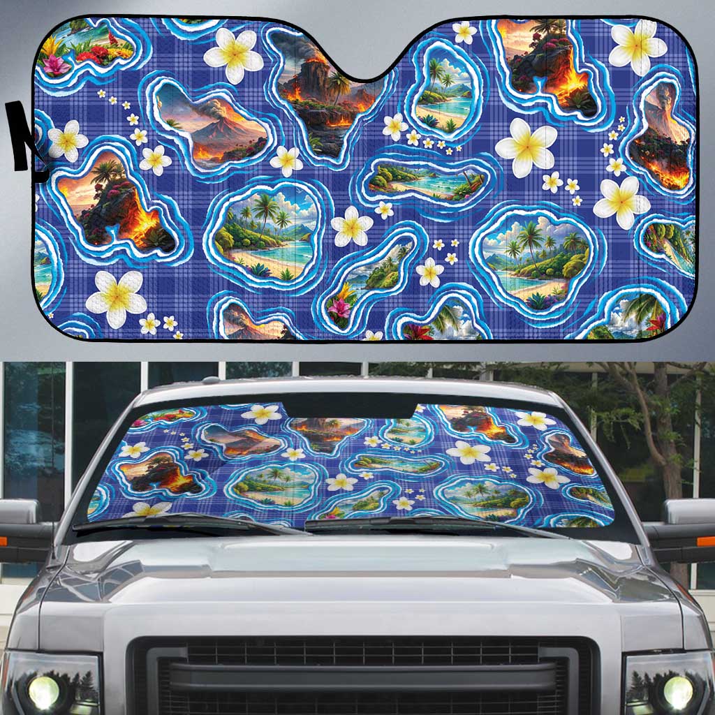 Hawaiian Island Shapes-Iconic Landscape Auto Sun Shade with Plumeria and Palaka Blue Color