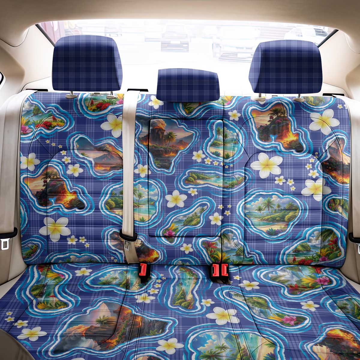 Hawaiian Island Shapes-Iconic Landscape Back Car Seat Cover with Plumeria and Palaka Blue Color