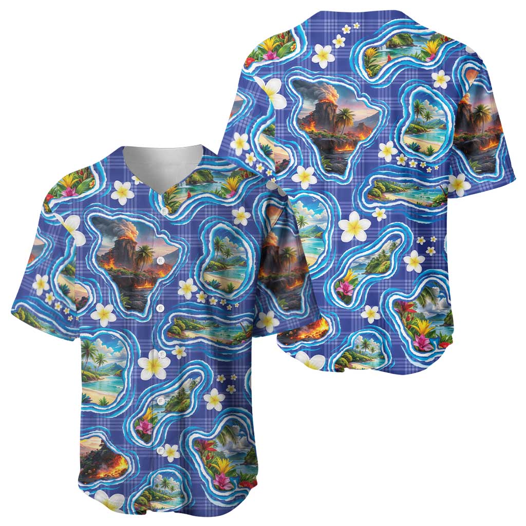 Hawaiian Island Shapes-Iconic Landscape Baseball Jersey with Plumeria and Palaka Blue Color