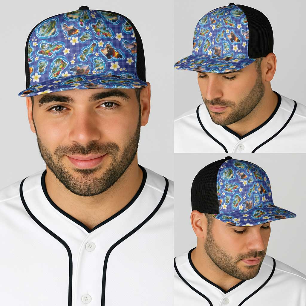 Hawaiian Island Shapes-Iconic Landscape Baseball Net Cap with Plumeria and Palaka Blue Color