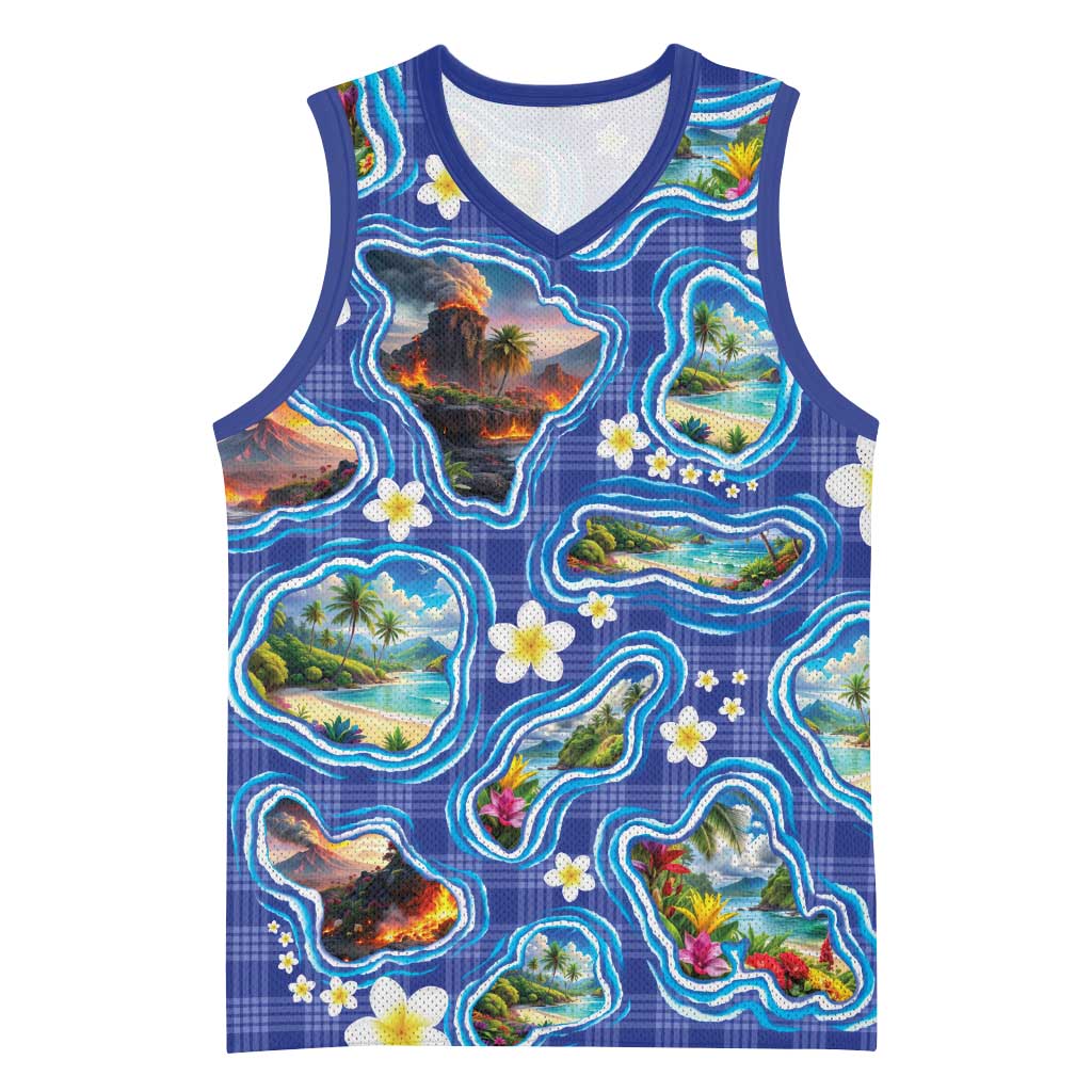 Hawaiian Island Shapes-Iconic Landscape Basketball Jersey with Plumeria and Palaka Blue Color