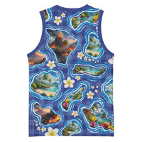 Hawaiian Island Shapes-Iconic Landscape Basketball Jersey with Plumeria and Palaka Blue Color