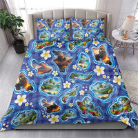 Hawaiian Island Shapes-Iconic Landscape Bedding Set with Plumeria and Palaka Blue Color