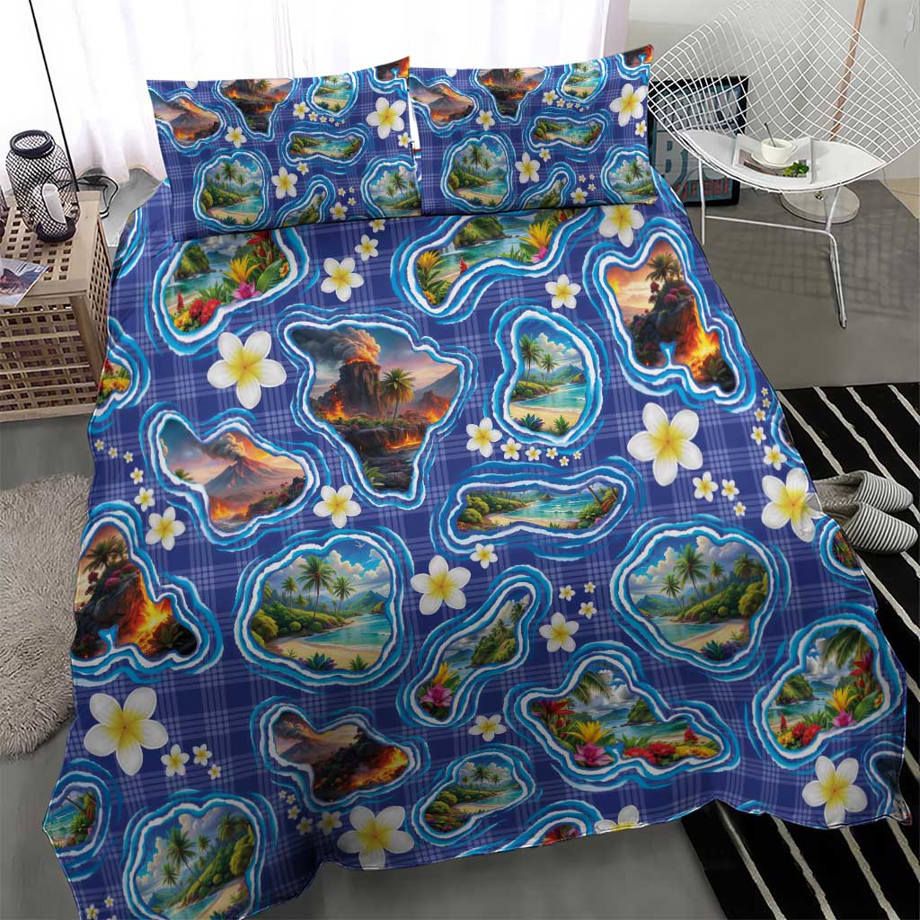 Hawaiian Island Shapes-Iconic Landscape Bedding Set with Plumeria and Palaka Blue Color