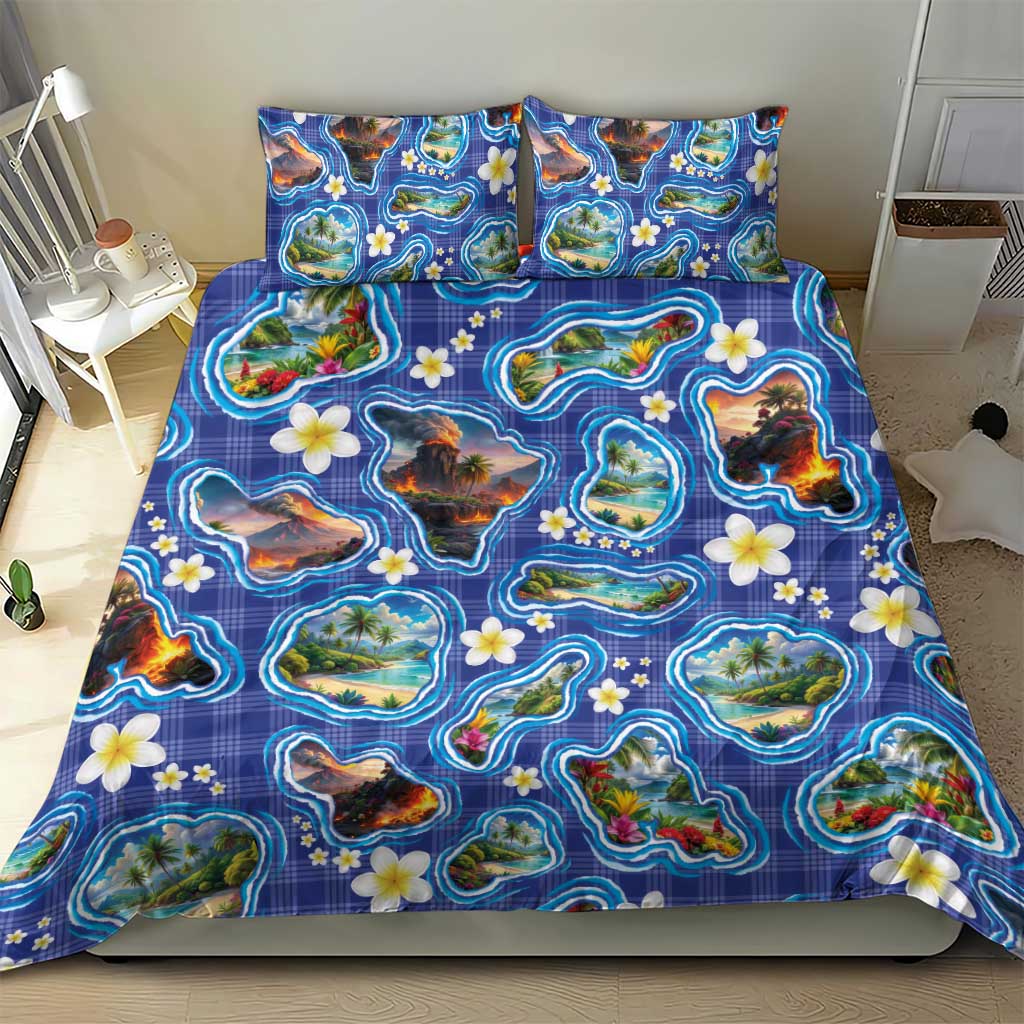 Hawaiian Island Shapes-Iconic Landscape Bedding Set with Plumeria and Palaka Blue Color