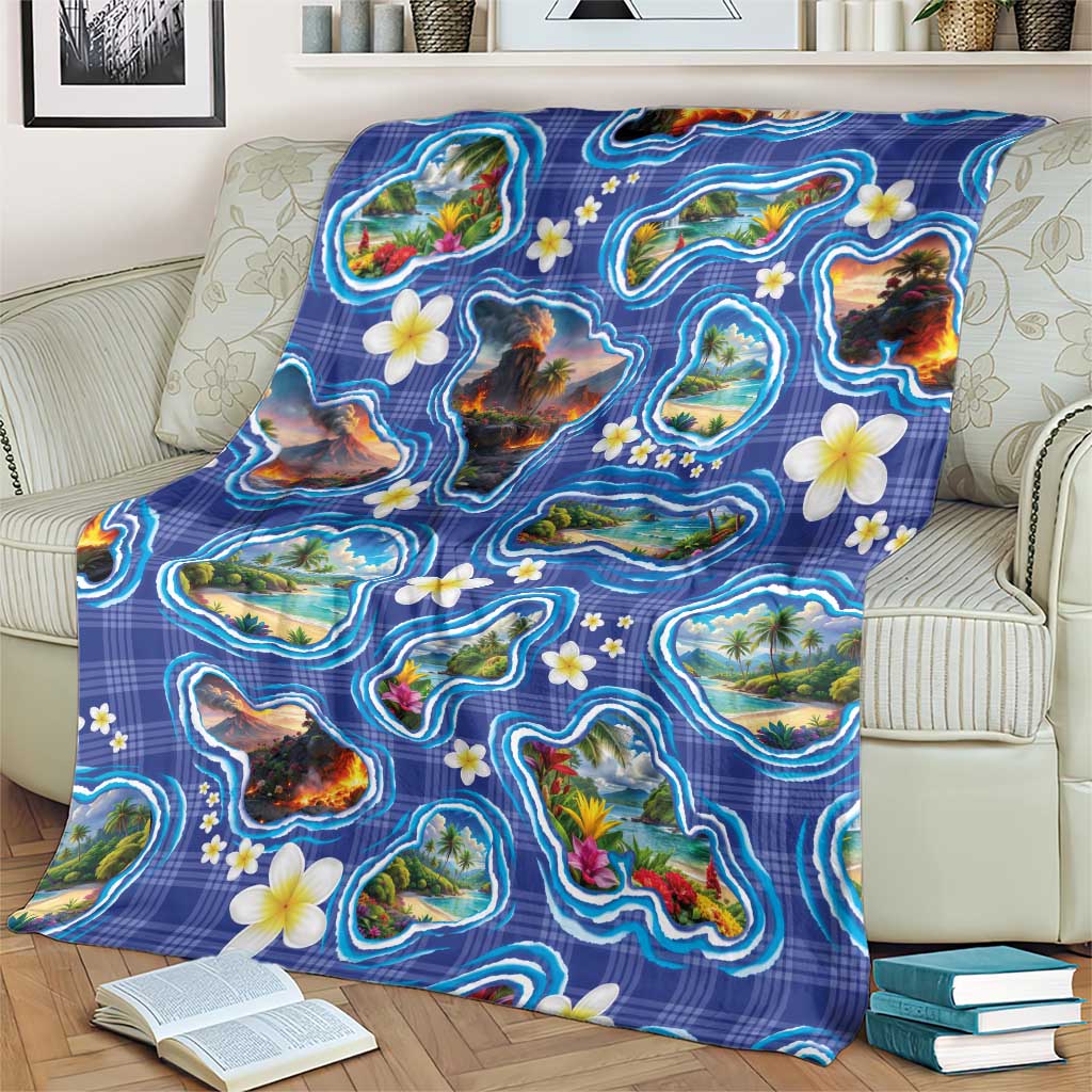 Hawaiian Island Shapes-Iconic Landscape Blanket with Plumeria and Palaka Blue Color