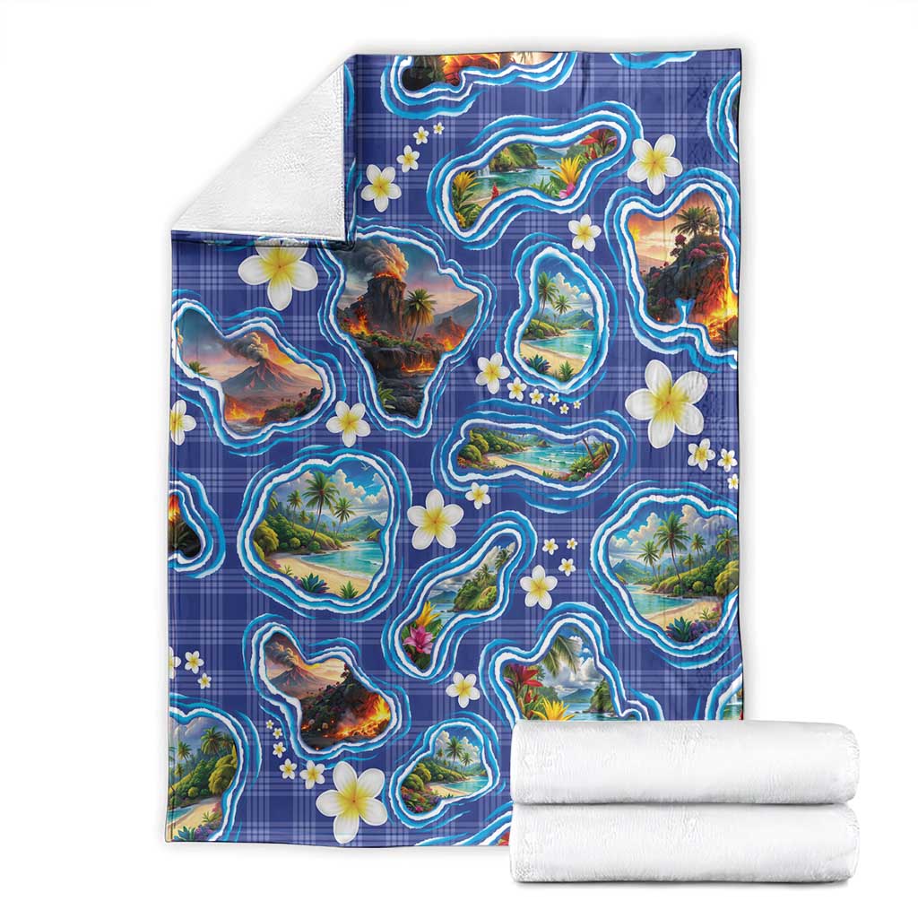 Hawaiian Island Shapes-Iconic Landscape Blanket with Plumeria and Palaka Blue Color