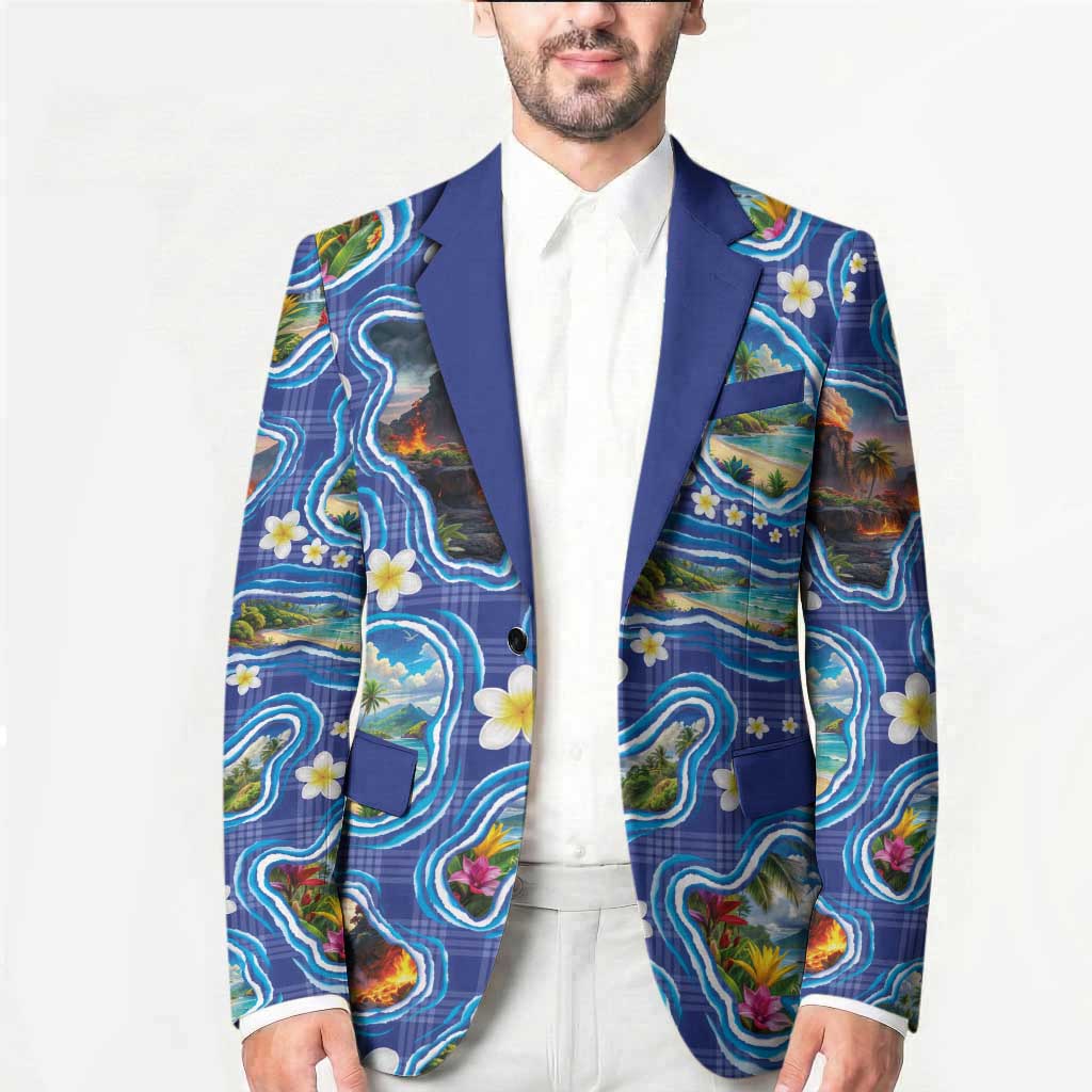 Hawaiian Island Shapes-Iconic Landscape Blazer with Plumeria and Palaka Blue Color