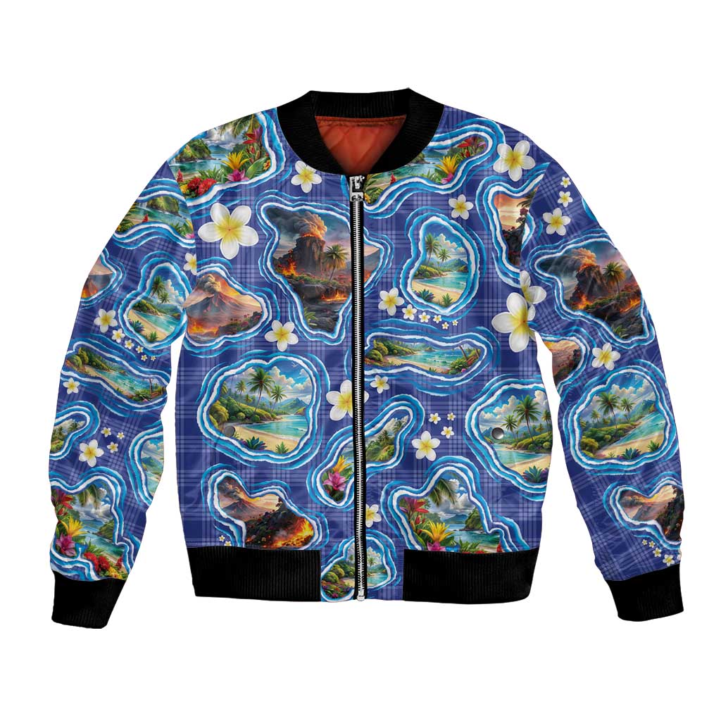 Hawaiian Island Shapes-Iconic Landscape Bomber Jacket with Plumeria and Palaka Blue Color
