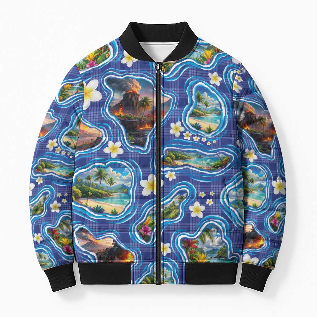 Hawaiian Island Shapes-Iconic Landscape Bomber Puffer Jacket with Plumeria and Palaka Blue Color