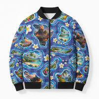Hawaiian Island Shapes-Iconic Landscape Bomber Puffer Jacket with Plumeria and Palaka Blue Color