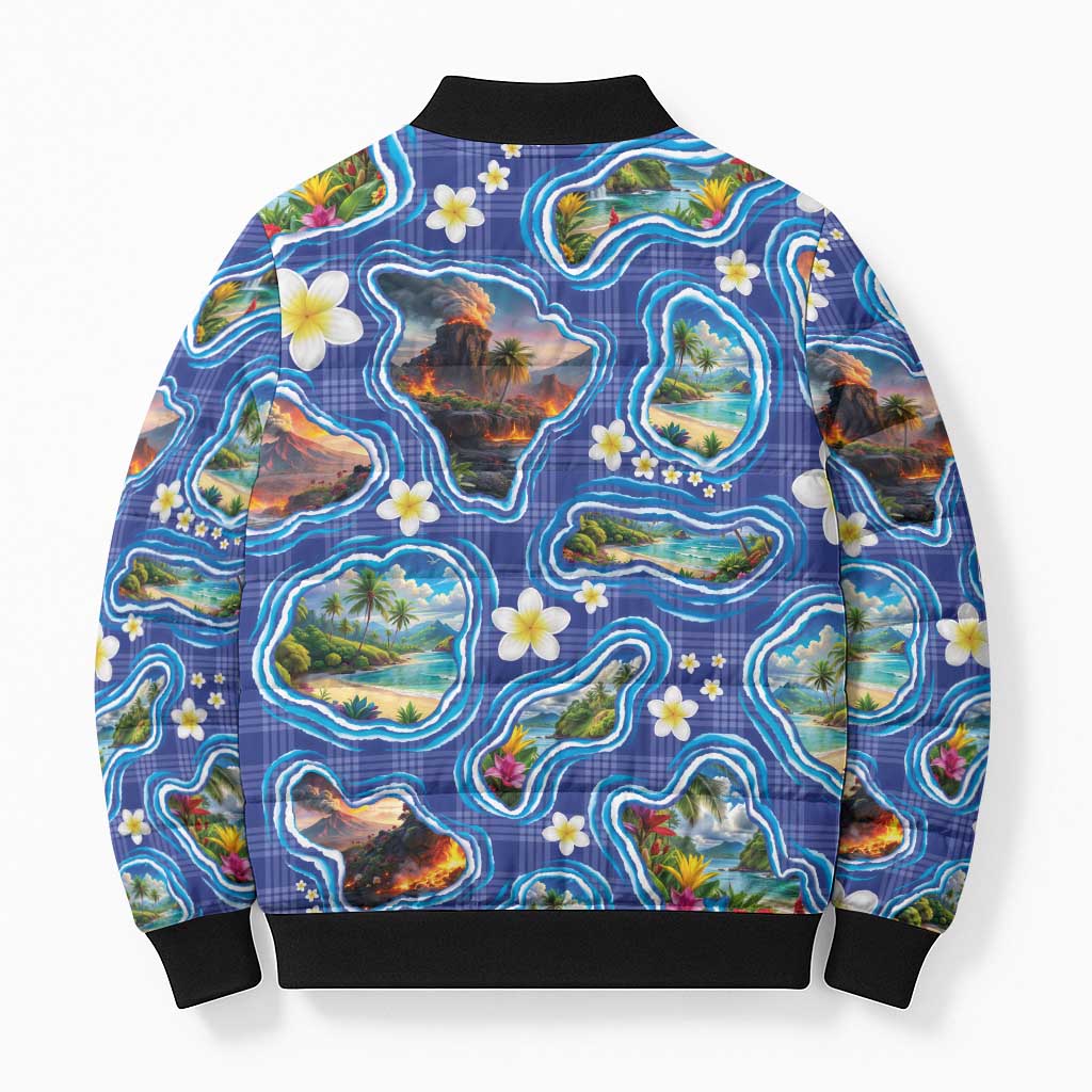 Hawaiian Island Shapes-Iconic Landscape Bomber Puffer Jacket with Plumeria and Palaka Blue Color