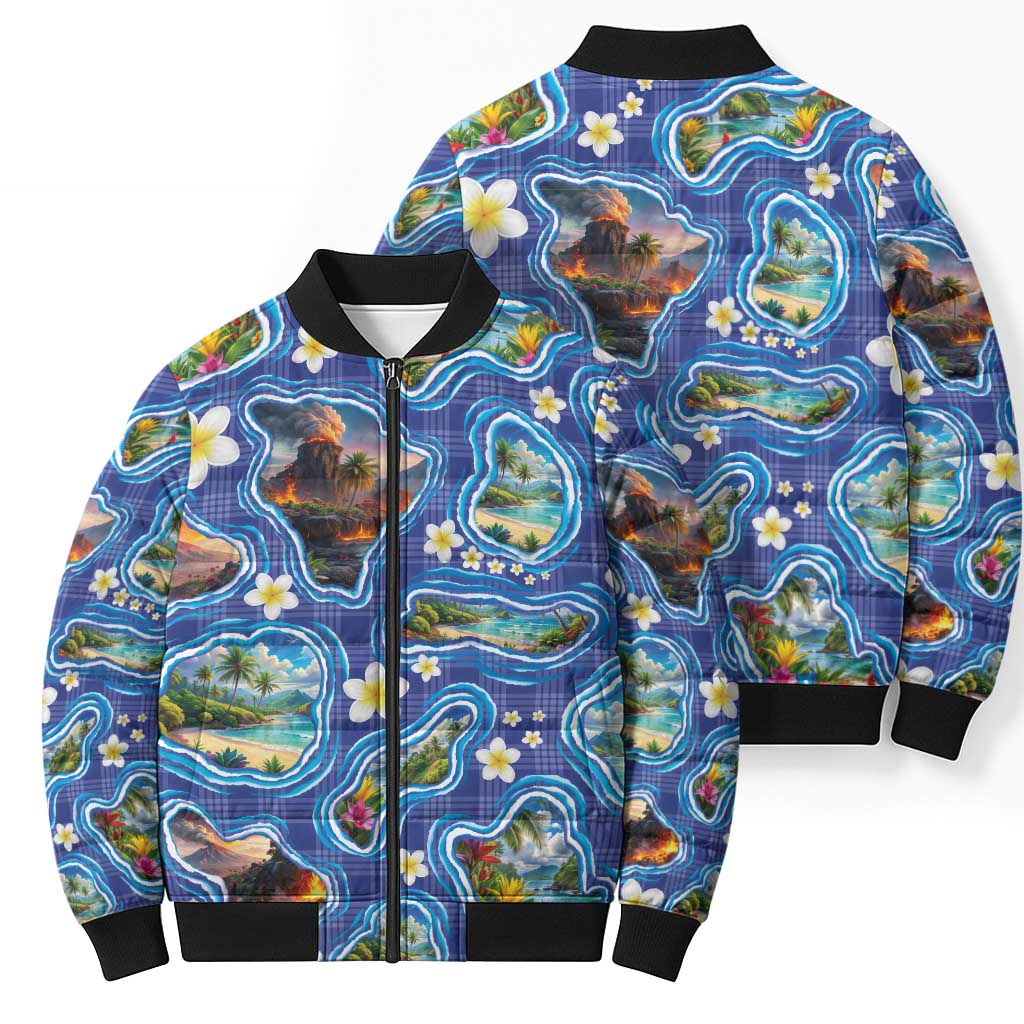 Hawaiian Island Shapes-Iconic Landscape Bomber Puffer Jacket with Plumeria and Palaka Blue Color