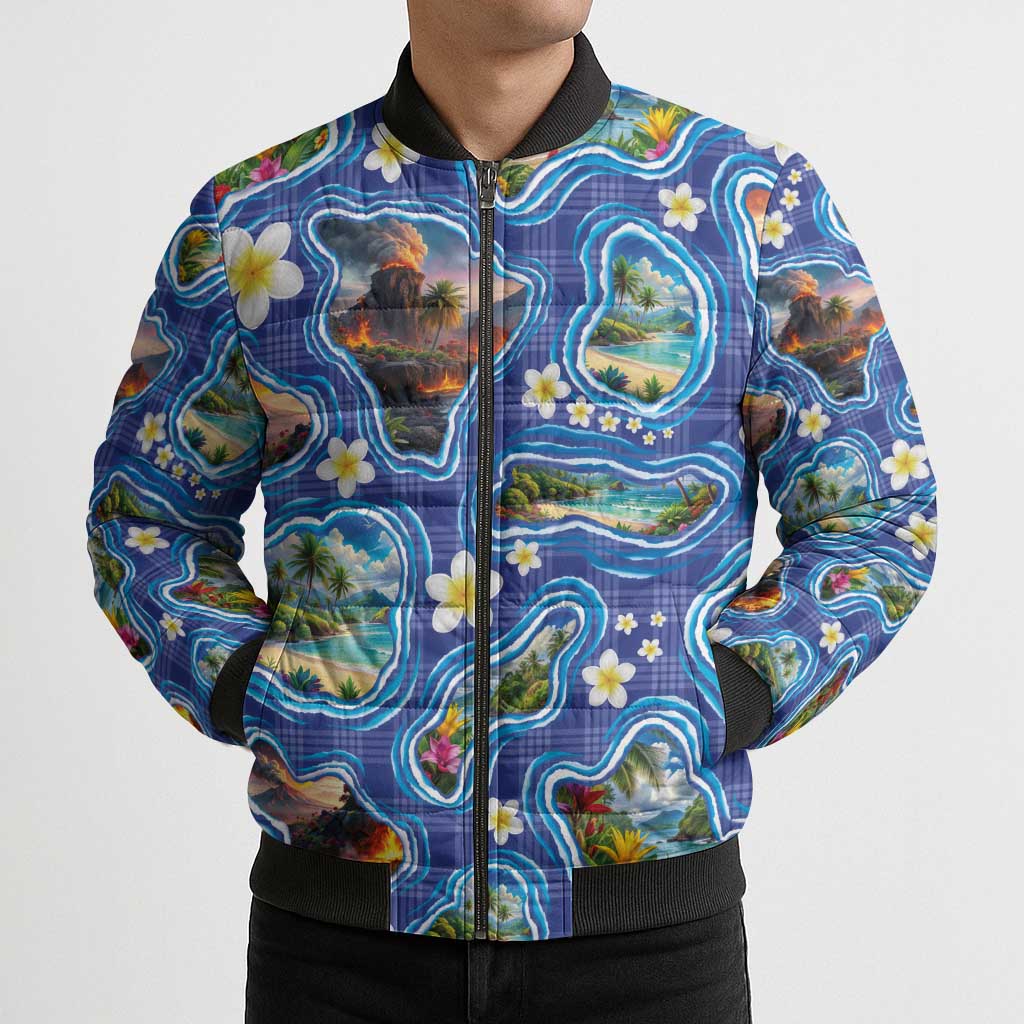 Hawaiian Island Shapes-Iconic Landscape Bomber Puffer Jacket with Plumeria and Palaka Blue Color