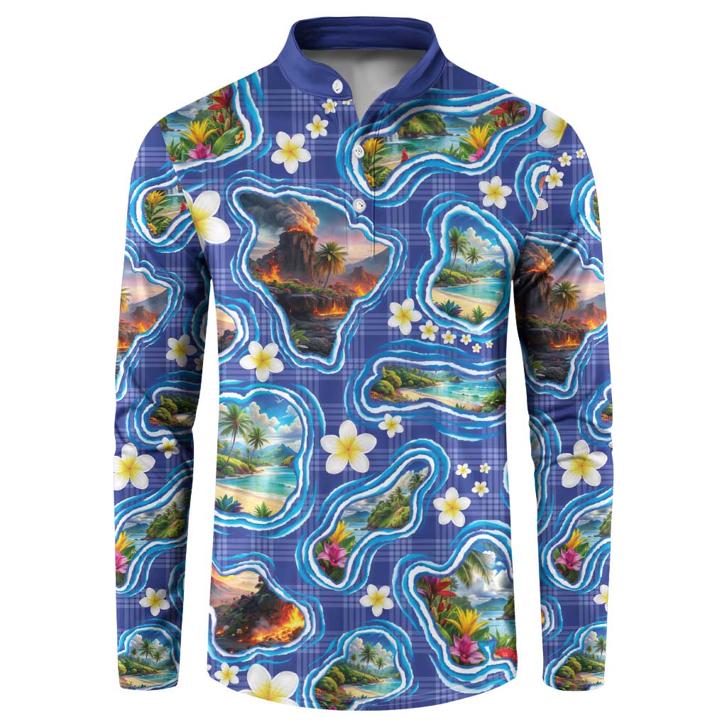 Hawaiian Island Shapes-Iconic Landscape Button Sweatshirt with Plumeria and Palaka Blue Color