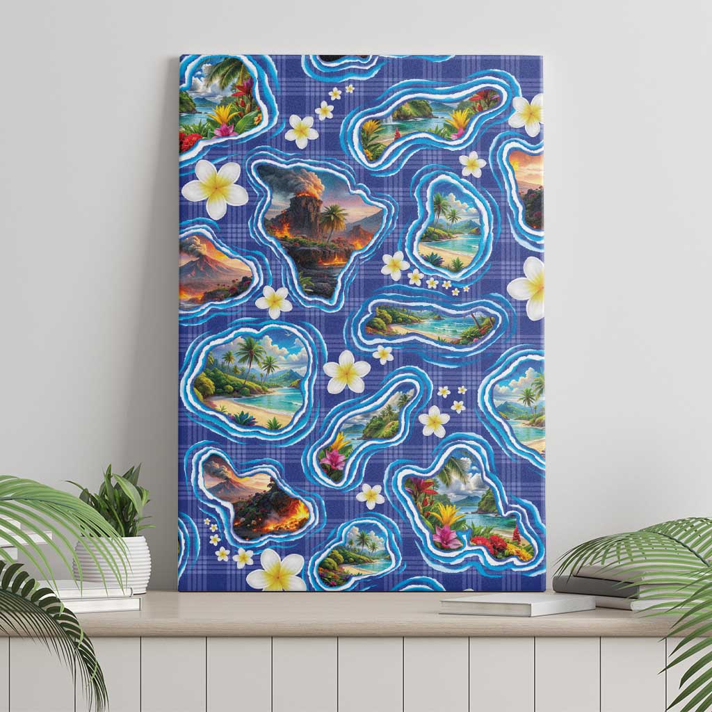 Hawaiian Island Shapes-Iconic Landscape Canvas Wall Art with Plumeria and Palaka Blue Color