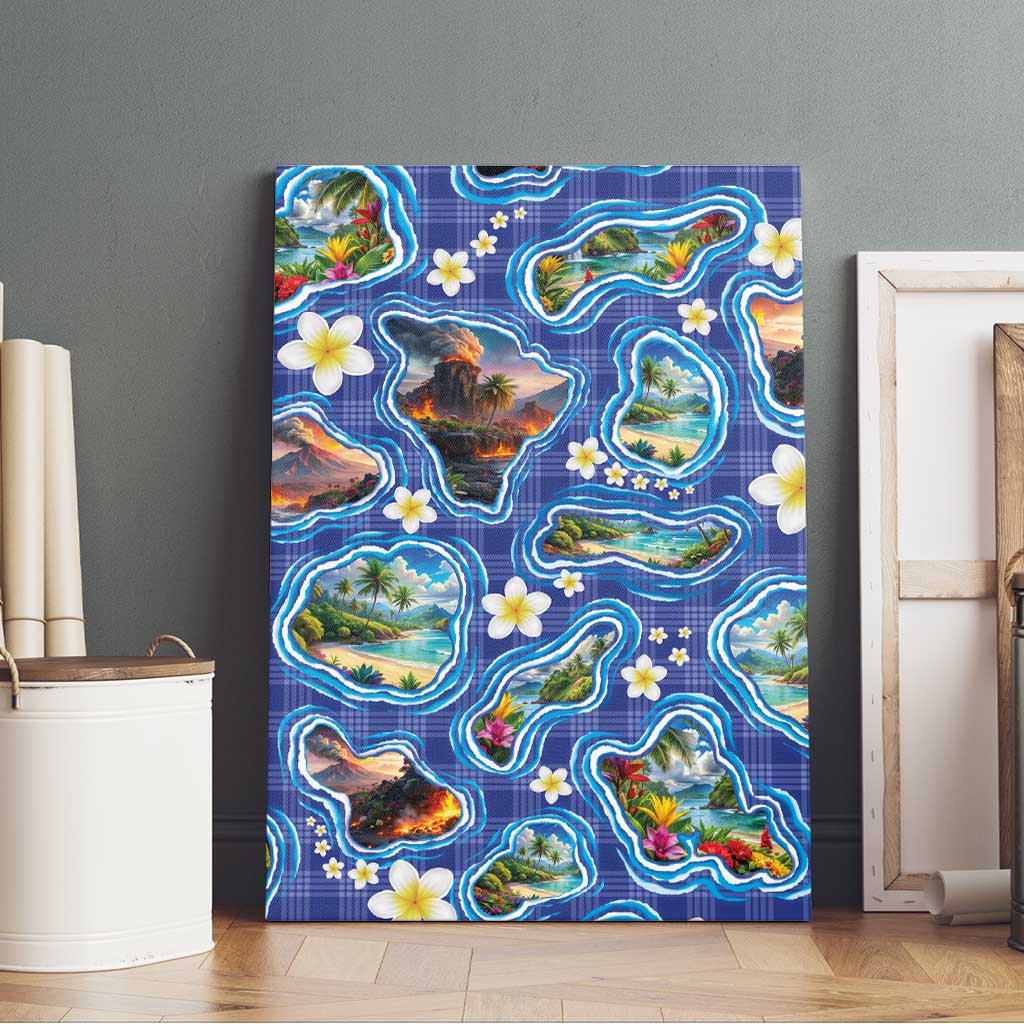 Hawaiian Island Shapes-Iconic Landscape Canvas Wall Art with Plumeria and Palaka Blue Color