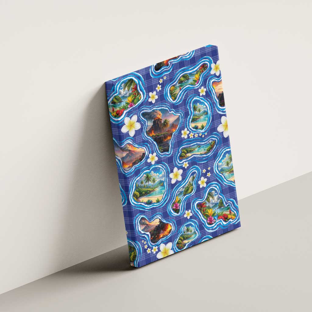 Hawaiian Island Shapes-Iconic Landscape Canvas Wall Art with Plumeria and Palaka Blue Color