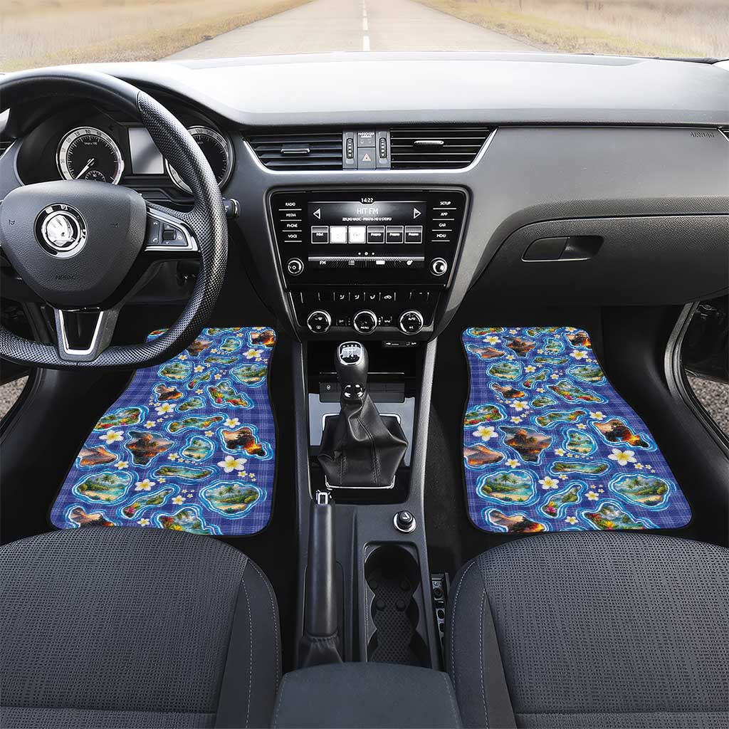 Hawaiian Island Shapes-Iconic Landscape Car Mats with Plumeria and Palaka Blue Color