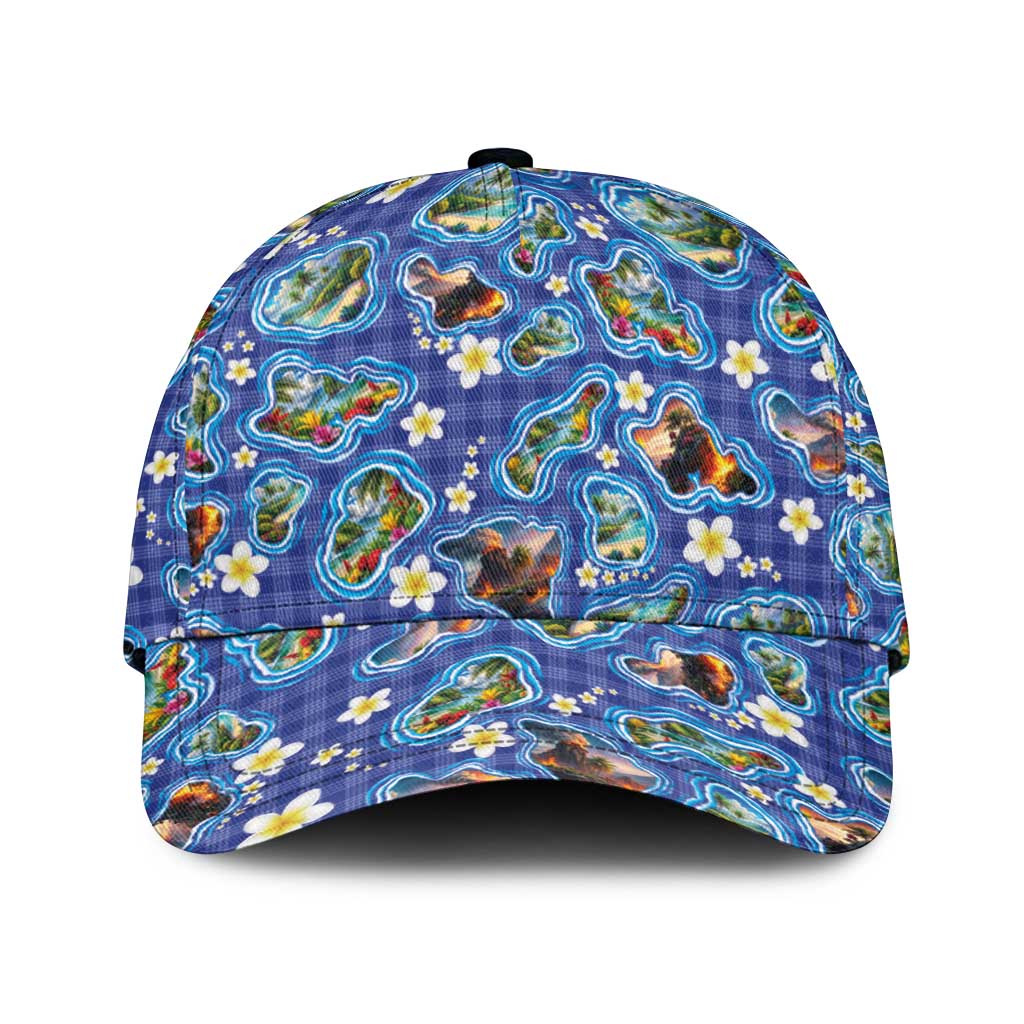 Hawaiian Island Shapes-Iconic Landscape Classic Cap with Plumeria and Palaka Blue Color