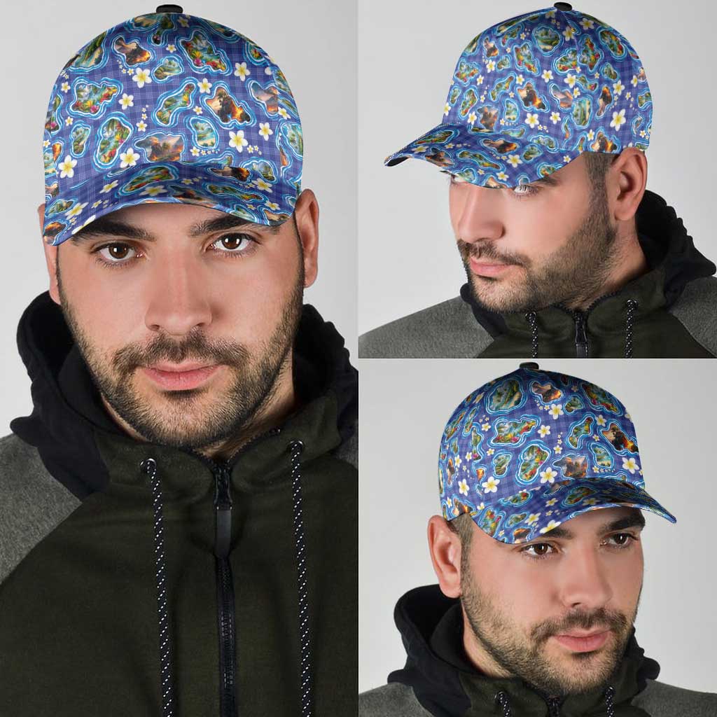 Hawaiian Island Shapes-Iconic Landscape Classic Cap with Plumeria and Palaka Blue Color