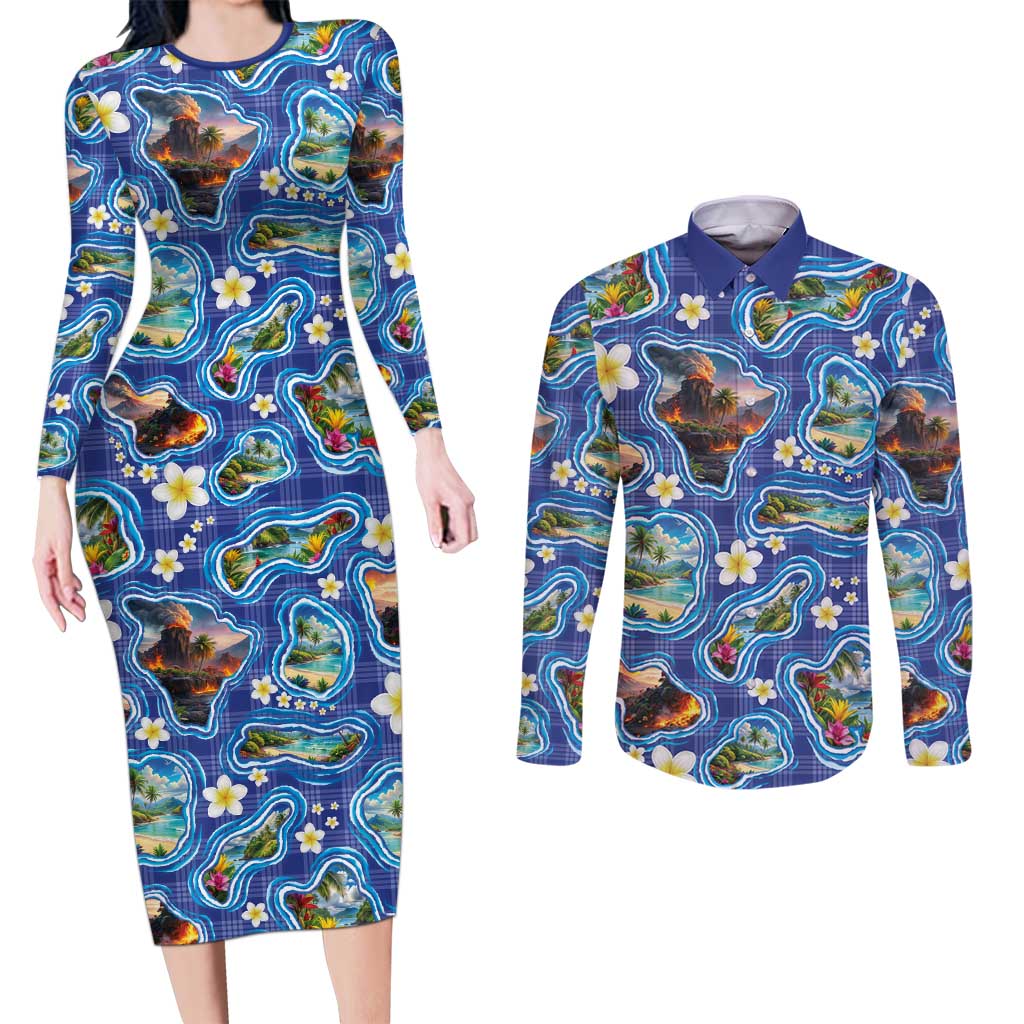 Hawaiian Island Shapes-Iconic Landscape Couples Matching Long Sleeve Bodycon Dress and Long Sleeve Button Shirt with Plumeria and Palaka Blue Color LT03 Blue - Polynesian Pride