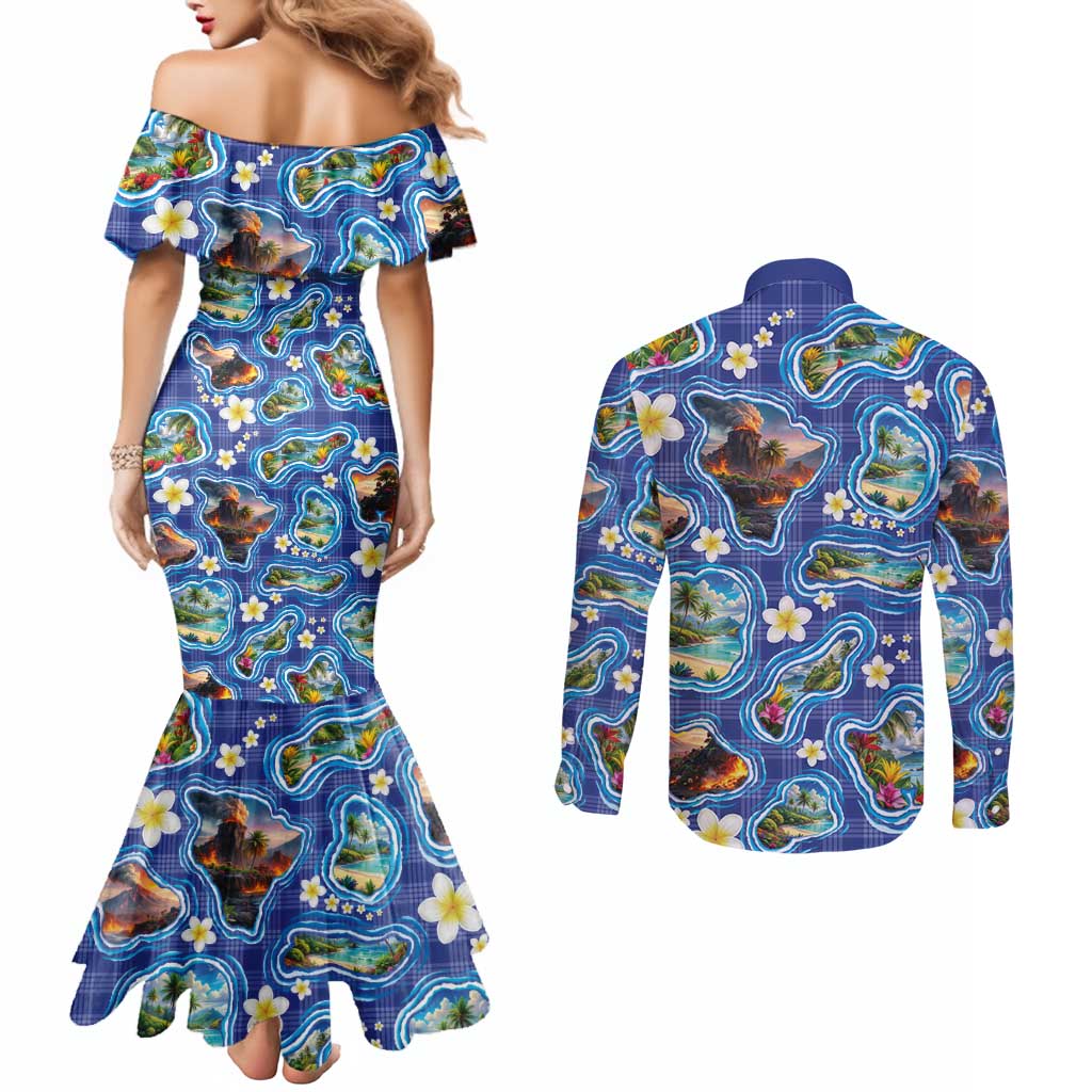 Hawaiian Island Shapes-Iconic Landscape Couples Matching Mermaid Dress and Long Sleeve Button Shirt with Plumeria and Palaka Blue Color LT03 - Polynesian Pride