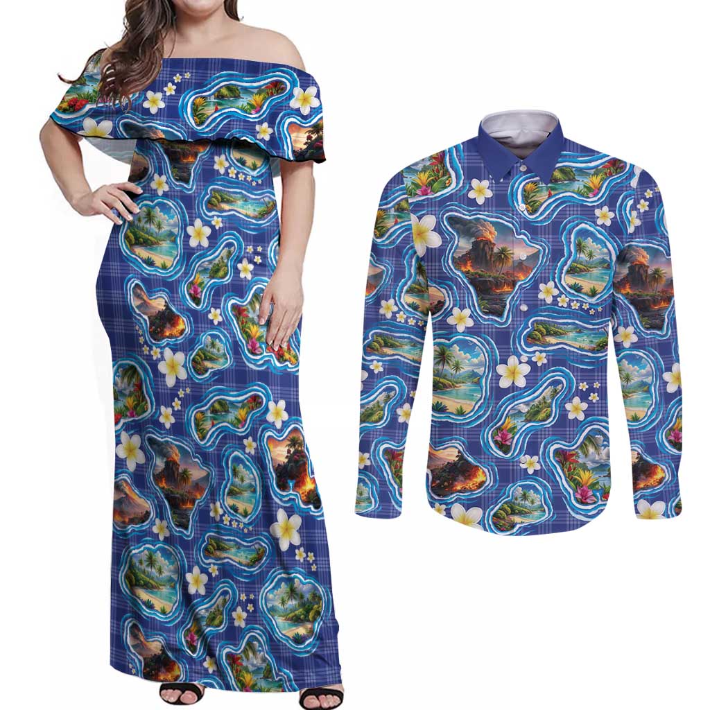 Hawaiian Island Shapes-Iconic Landscape Couples Matching Off Shoulder Maxi Dress and Long Sleeve Button Shirt with Plumeria and Palaka Blue Color LT03 Blue - Polynesian Pride