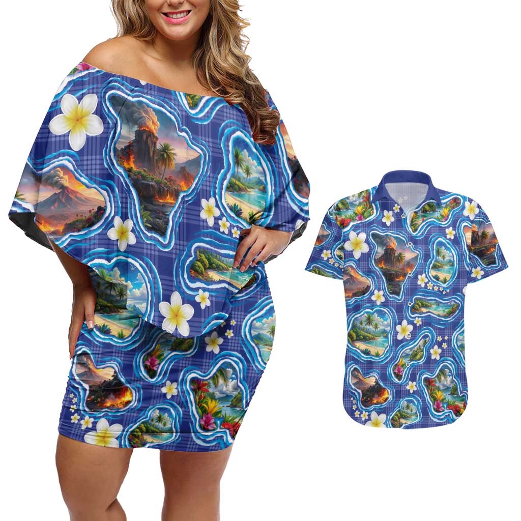 Hawaiian Island Shapes-Iconic Landscape Couples Matching Off Shoulder Short Dress and Hawaiian Shirt with Plumeria and Palaka Blue Color