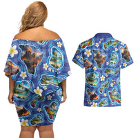 Hawaiian Island Shapes-Iconic Landscape Couples Matching Off Shoulder Short Dress and Hawaiian Shirt with Plumeria and Palaka Blue Color LT03 - Polynesian Pride