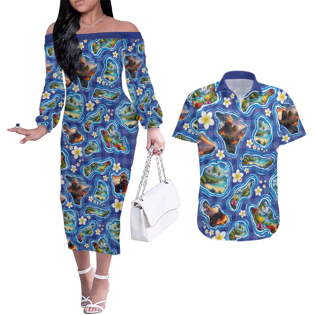 Hawaiian Island Shapes-Iconic Landscape Couples Matching Off The Shoulder Long Sleeve Dress and Hawaiian Shirt with Plumeria and Palaka Blue Color LT03 Blue - Polynesian Pride
