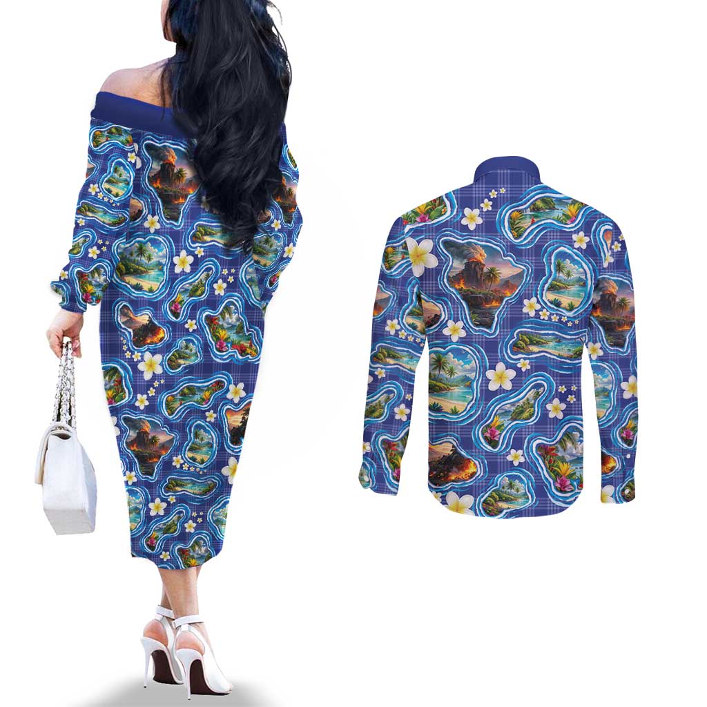 Hawaiian Island Shapes-Iconic Landscape Couples Matching Off The Shoulder Long Sleeve Dress and Long Sleeve Button Shirt with Plumeria and Palaka Blue Color LT03 - Polynesian Pride
