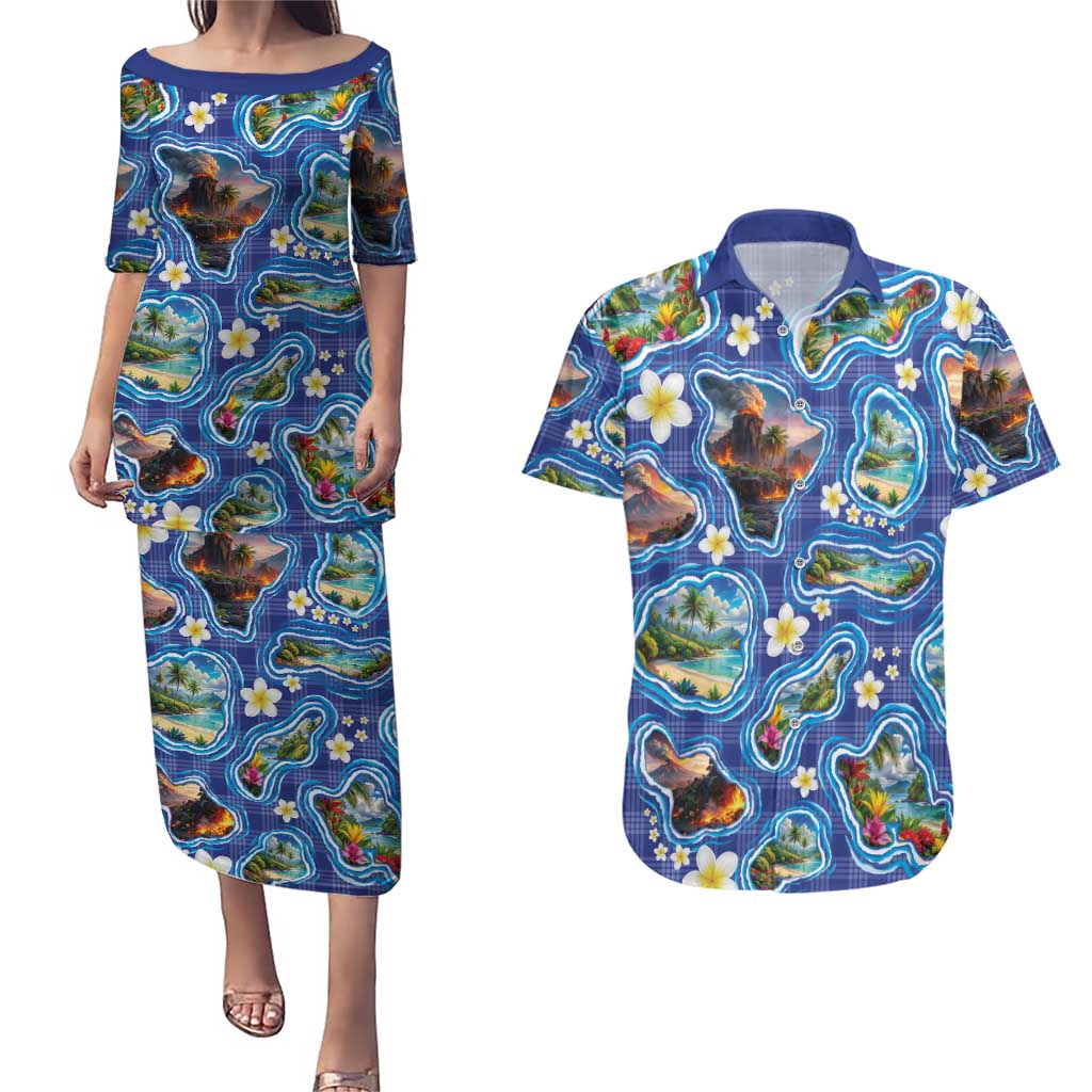 Hawaiian Island Shapes-Iconic Landscape Couples Matching Puletasi and Hawaiian Shirt with Plumeria and Palaka Blue Color LT03 Blue - Polynesian Pride