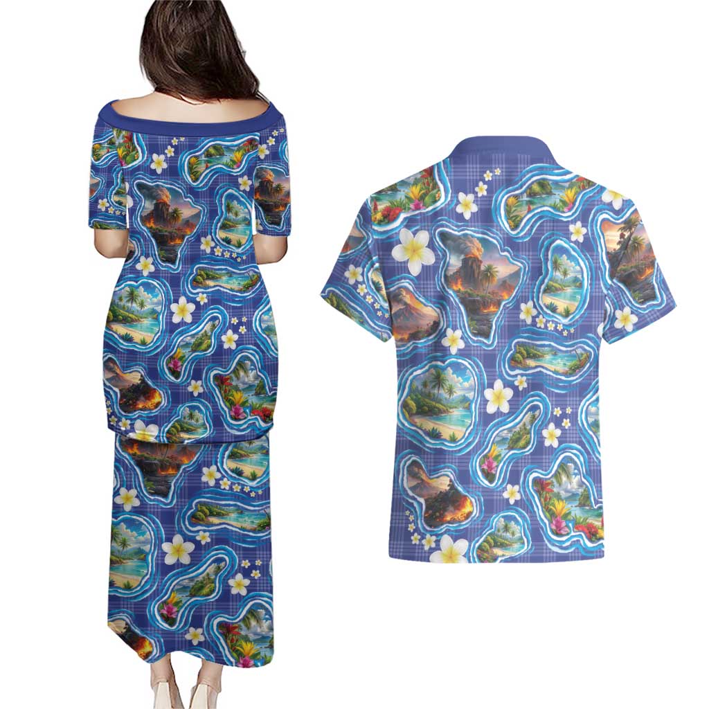 Hawaiian Island Shapes-Iconic Landscape Couples Matching Puletasi and Hawaiian Shirt with Plumeria and Palaka Blue Color LT03 - Polynesian Pride