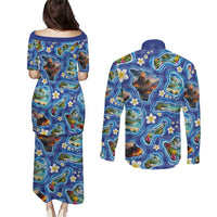Hawaiian Island Shapes-Iconic Landscape Couples Matching Puletasi and Long Sleeve Button Shirt with Plumeria and Palaka Blue Color LT03 - Polynesian Pride