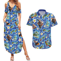 Hawaiian Island Shapes-Iconic Landscape Couples Matching Summer Maxi Dress and Hawaiian Shirt with Plumeria and Palaka Blue Color LT03 Blue - Polynesian Pride
