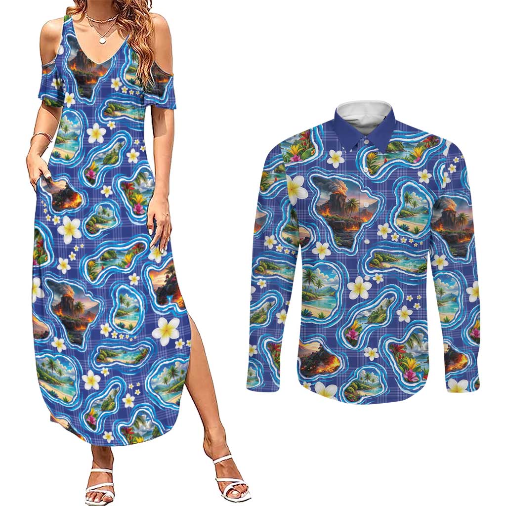 Hawaiian Island Shapes-Iconic Landscape Couples Matching Summer Maxi Dress and Long Sleeve Button Shirt with Plumeria and Palaka Blue Color