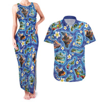 Hawaiian Island Shapes-Iconic Landscape Couples Matching Tank Maxi Dress and Hawaiian Shirt with Plumeria and Palaka Blue Color LT03 Blue - Polynesian Pride