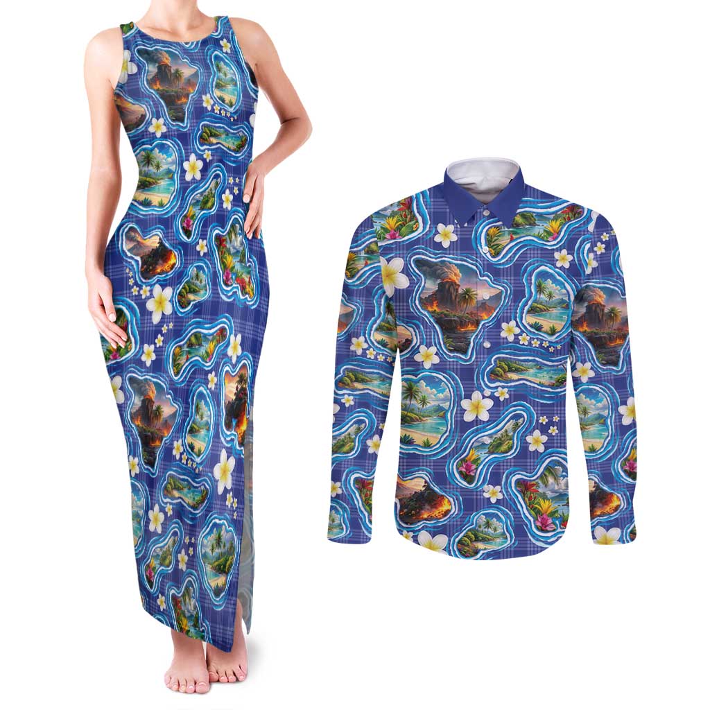 Hawaiian Island Shapes-Iconic Landscape Couples Matching Tank Maxi Dress and Long Sleeve Button Shirt with Plumeria and Palaka Blue Color