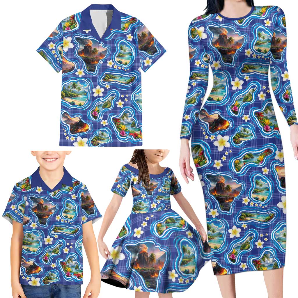 Hawaiian Island Shapes-Iconic Landscape Family Matching Long Sleeve Bodycon Dress and Hawaiian Shirt with Plumeria and Palaka Blue Color LT03 - Polynesian Pride