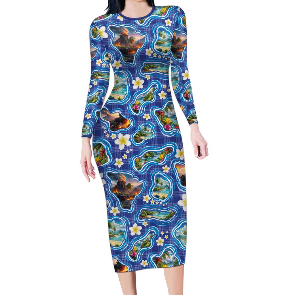 Hawaiian Island Shapes-Iconic Landscape Family Matching Long Sleeve Bodycon Dress and Hawaiian Shirt with Plumeria and Palaka Blue Color LT03 Mom's Dress Blue - Polynesian Pride