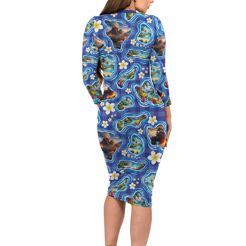 Hawaiian Island Shapes-Iconic Landscape Family Matching Long Sleeve Bodycon Dress and Hawaiian Shirt with Plumeria and Palaka Blue Color LT03 - Polynesian Pride