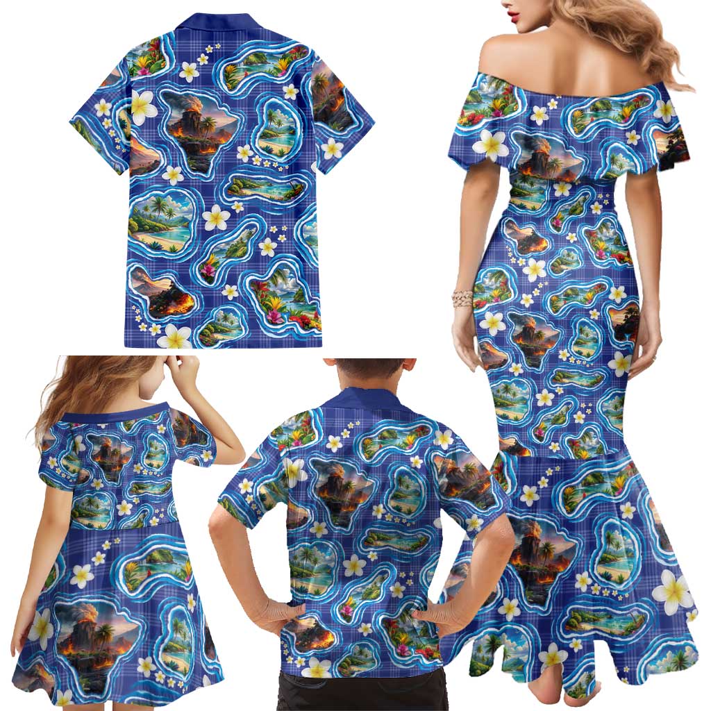 Hawaiian Island Shapes-Iconic Landscape Family Matching Mermaid Dress and Hawaiian Shirt with Plumeria and Palaka Blue Color LT03 - Polynesian Pride