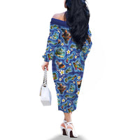 Hawaiian Island Shapes-Iconic Landscape Family Matching Off The Shoulder Long Sleeve Dress and Hawaiian Shirt with Plumeria and Palaka Blue Color LT03 - Polynesian Pride